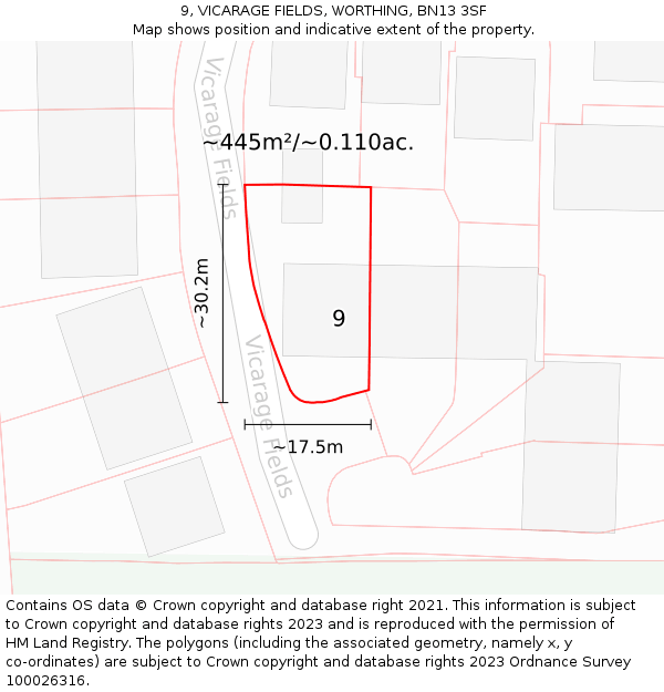 9, VICARAGE FIELDS, WORTHING, BN13 3SF: Plot and title map