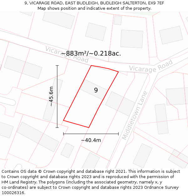 9, VICARAGE ROAD, EAST BUDLEIGH, BUDLEIGH SALTERTON, EX9 7EF: Plot and title map