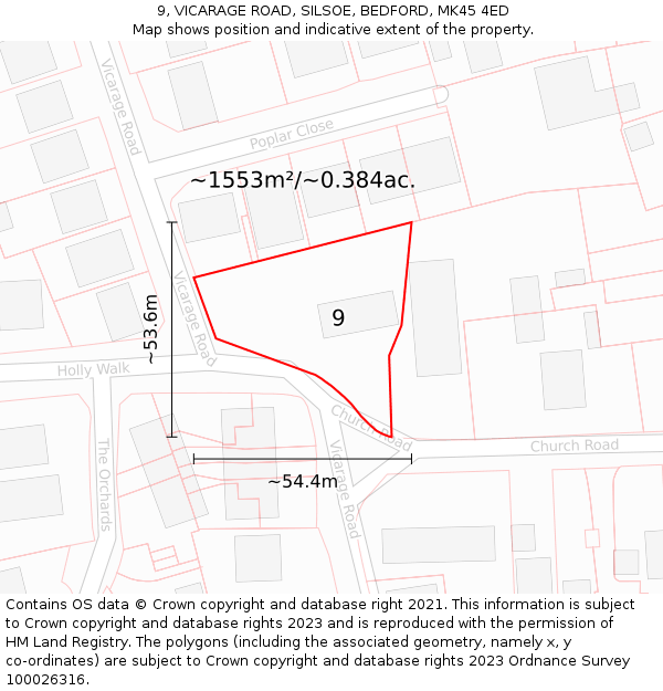 9, VICARAGE ROAD, SILSOE, BEDFORD, MK45 4ED: Plot and title map