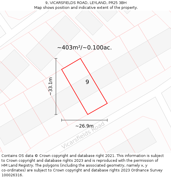 9, VICARSFIELDS ROAD, LEYLAND, PR25 3BH: Plot and title map