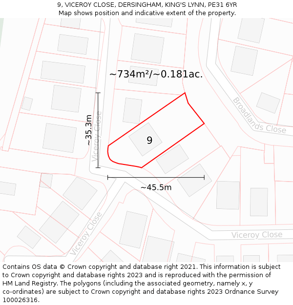 9, VICEROY CLOSE, DERSINGHAM, KING'S LYNN, PE31 6YR: Plot and title map