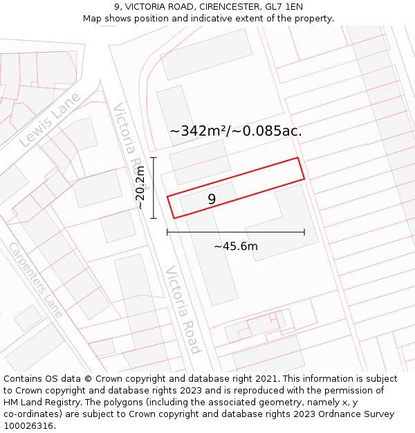 9, VICTORIA ROAD, CIRENCESTER, GL7 1EN: Plot and title map