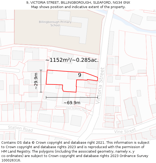 9, VICTORIA STREET, BILLINGBOROUGH, SLEAFORD, NG34 0NX: Plot and title map