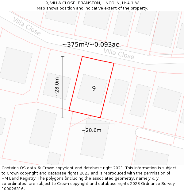 9, VILLA CLOSE, BRANSTON, LINCOLN, LN4 1LW: Plot and title map