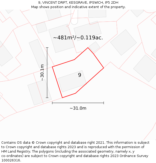 9, VINCENT DRIFT, KESGRAVE, IPSWICH, IP5 2DH: Plot and title map