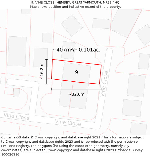 9, VINE CLOSE, HEMSBY, GREAT YARMOUTH, NR29 4HQ: Plot and title map