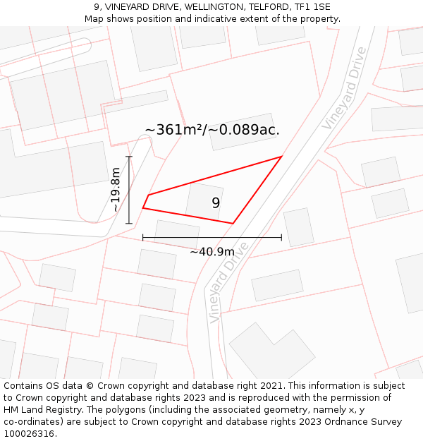 9, VINEYARD DRIVE, WELLINGTON, TELFORD, TF1 1SE: Plot and title map