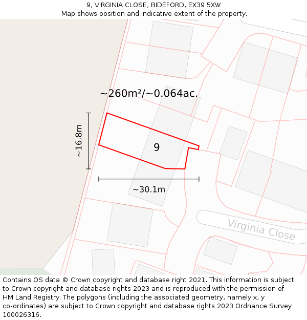 9, VIRGINIA CLOSE, BIDEFORD, EX39 5XW: Plot and title map