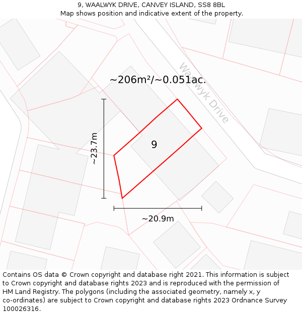 9, WAALWYK DRIVE, CANVEY ISLAND, SS8 8BL: Plot and title map