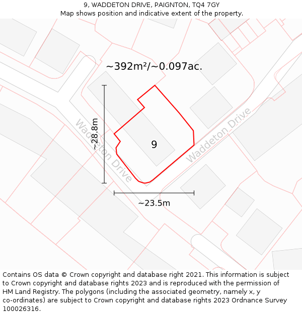 9, WADDETON DRIVE, PAIGNTON, TQ4 7GY: Plot and title map