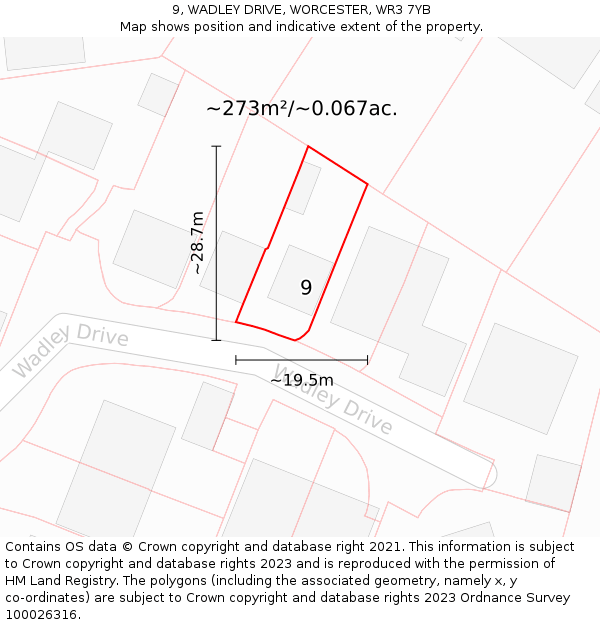 9, WADLEY DRIVE, WORCESTER, WR3 7YB: Plot and title map