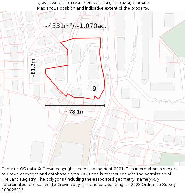 9, WAINWRIGHT CLOSE, SPRINGHEAD, OLDHAM, OL4 4RB: Plot and title map