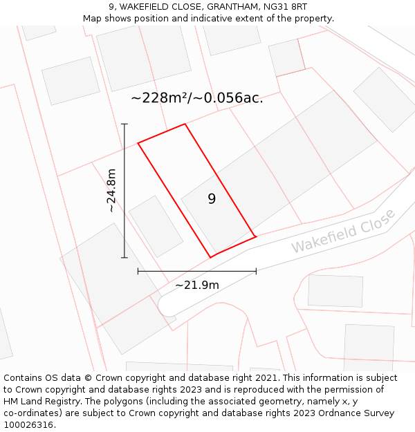 9, WAKEFIELD CLOSE, GRANTHAM, NG31 8RT: Plot and title map