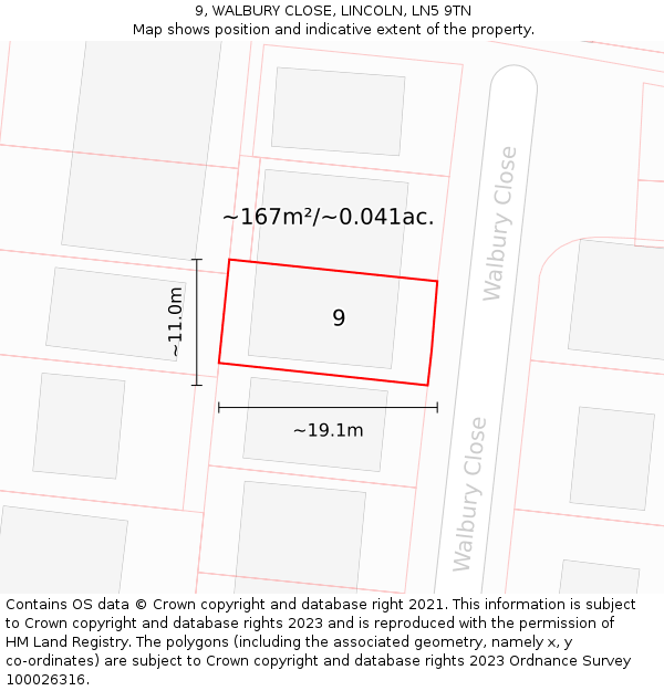 9, WALBURY CLOSE, LINCOLN, LN5 9TN: Plot and title map