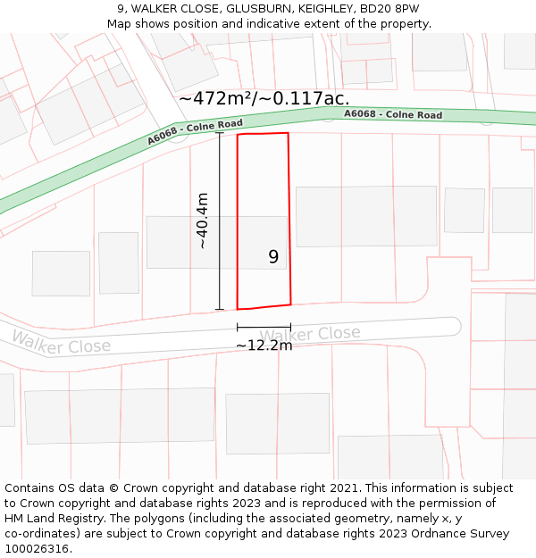 9, WALKER CLOSE, GLUSBURN, KEIGHLEY, BD20 8PW: Plot and title map