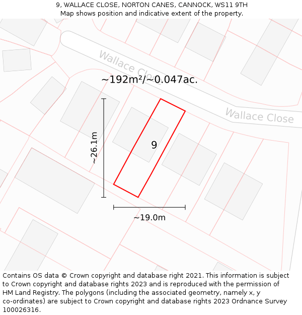 9, WALLACE CLOSE, NORTON CANES, CANNOCK, WS11 9TH: Plot and title map