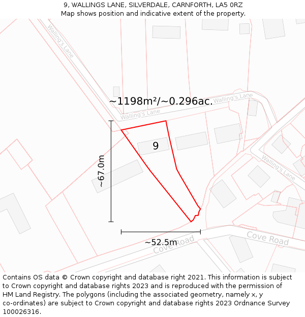 9, WALLINGS LANE, SILVERDALE, CARNFORTH, LA5 0RZ: Plot and title map