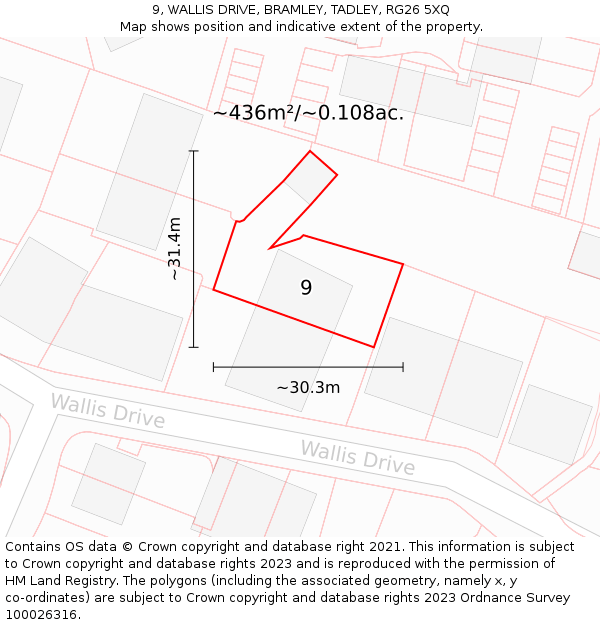 9, WALLIS DRIVE, BRAMLEY, TADLEY, RG26 5XQ: Plot and title map