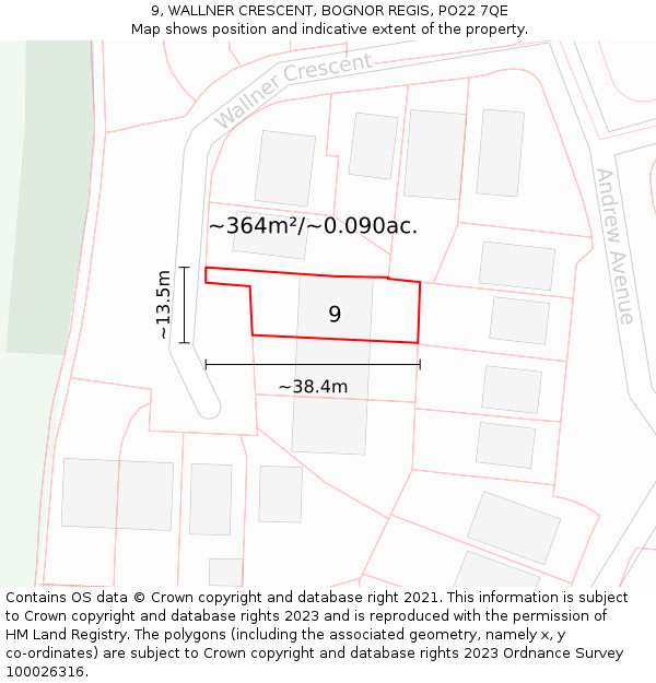 9, WALLNER CRESCENT, BOGNOR REGIS, PO22 7QE: Plot and title map