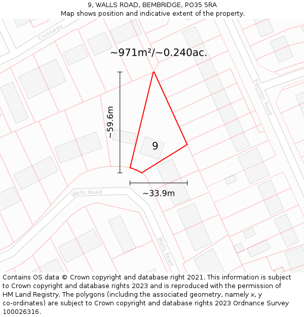 9, WALLS ROAD, BEMBRIDGE, PO35 5RA: Plot and title map