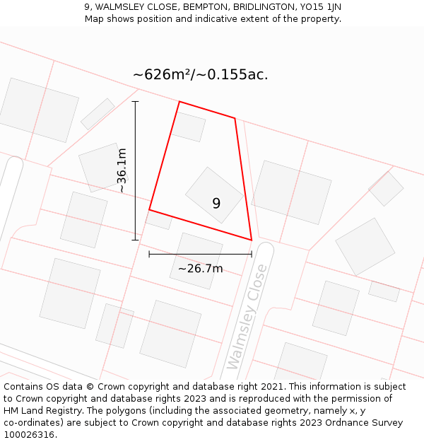 9, WALMSLEY CLOSE, BEMPTON, BRIDLINGTON, YO15 1JN: Plot and title map