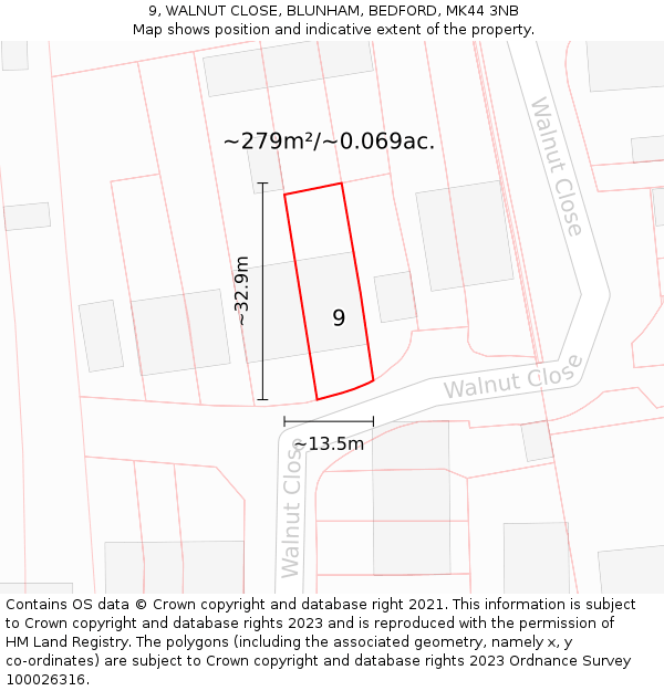 9, WALNUT CLOSE, BLUNHAM, BEDFORD, MK44 3NB: Plot and title map