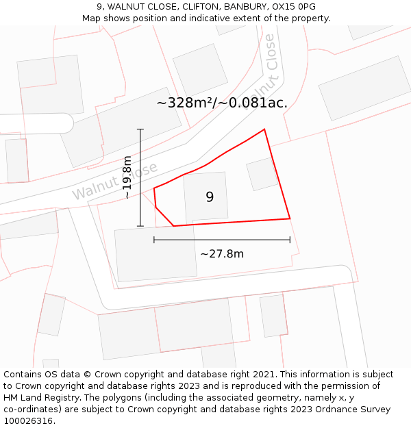 9, WALNUT CLOSE, CLIFTON, BANBURY, OX15 0PG: Plot and title map