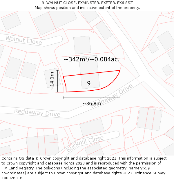 9, WALNUT CLOSE, EXMINSTER, EXETER, EX6 8SZ: Plot and title map