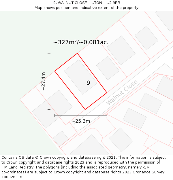 9, WALNUT CLOSE, LUTON, LU2 9BB: Plot and title map
