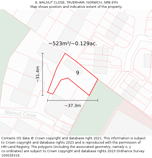9, WALNUT CLOSE, TAVERHAM, NORWICH, NR8 6YN: Plot and title map