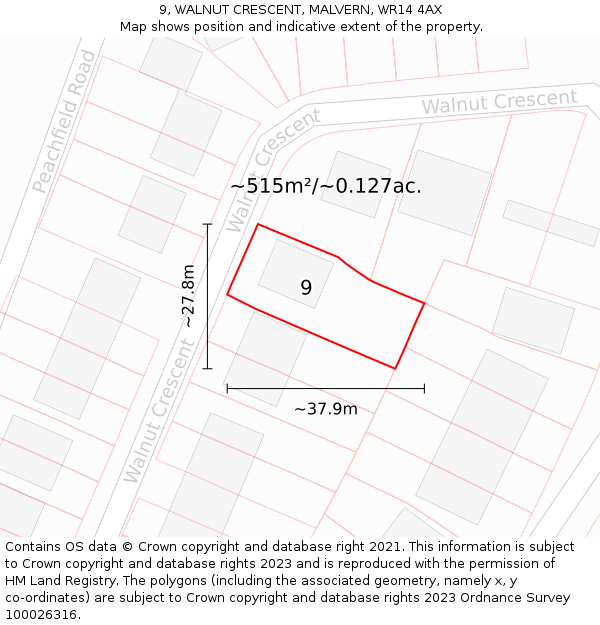9, WALNUT CRESCENT, MALVERN, WR14 4AX: Plot and title map