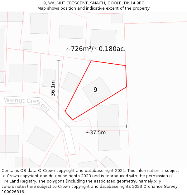 9, WALNUT CRESCENT, SNAITH, GOOLE, DN14 9RG: Plot and title map