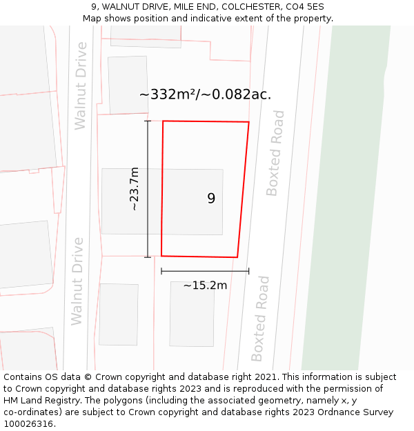 9, WALNUT DRIVE, MILE END, COLCHESTER, CO4 5ES: Plot and title map