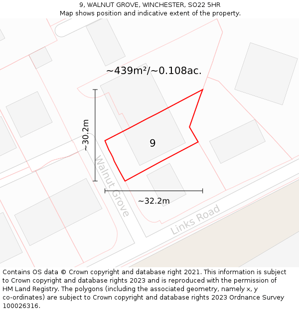 9, WALNUT GROVE, WINCHESTER, SO22 5HR: Plot and title map