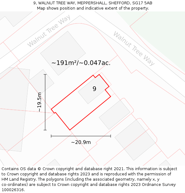 9, WALNUT TREE WAY, MEPPERSHALL, SHEFFORD, SG17 5AB: Plot and title map