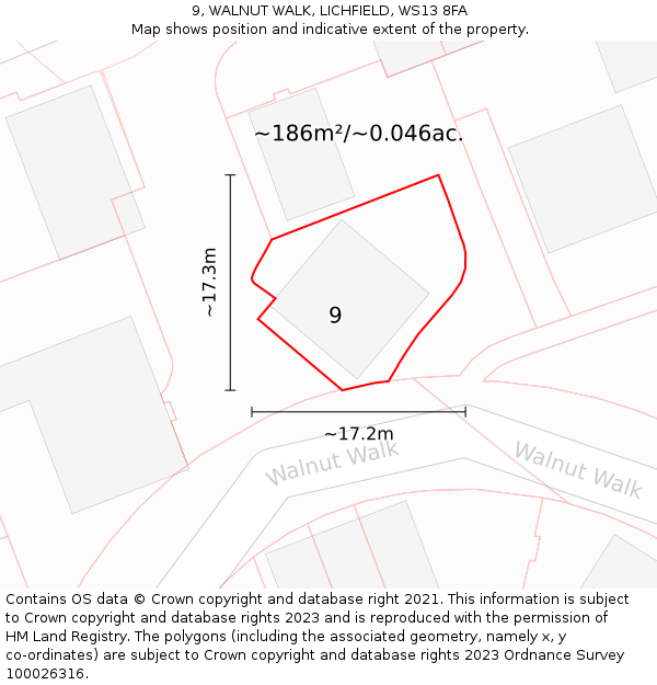 9, WALNUT WALK, LICHFIELD, WS13 8FA: Plot and title map