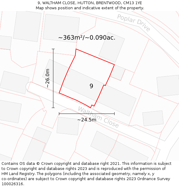 9, WALTHAM CLOSE, HUTTON, BRENTWOOD, CM13 1YE: Plot and title map