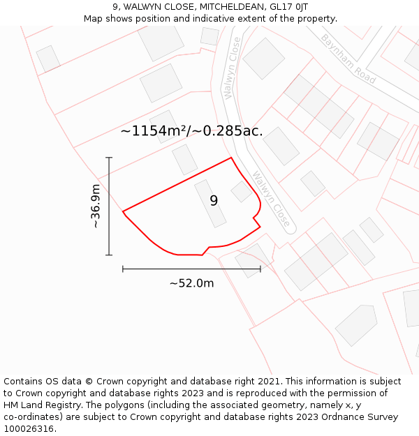 9, WALWYN CLOSE, MITCHELDEAN, GL17 0JT: Plot and title map