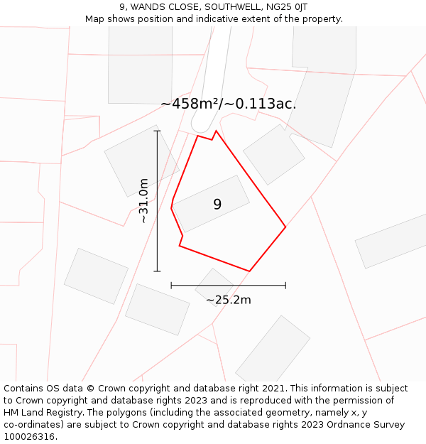 9, WANDS CLOSE, SOUTHWELL, NG25 0JT: Plot and title map