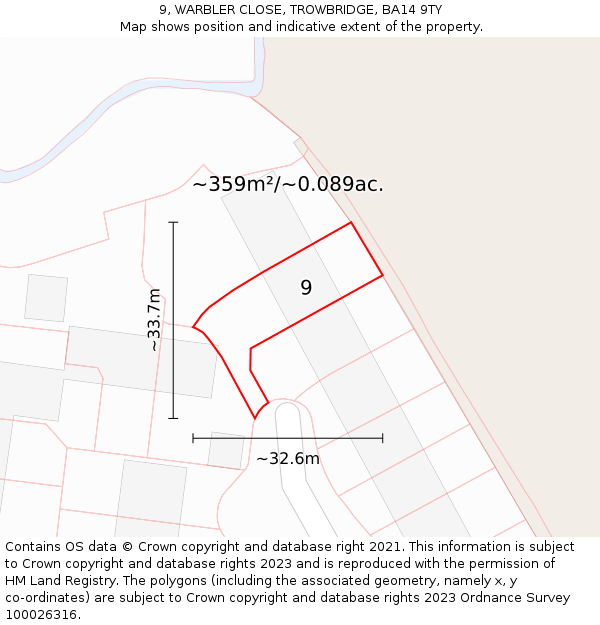 9, WARBLER CLOSE, TROWBRIDGE, BA14 9TY: Plot and title map