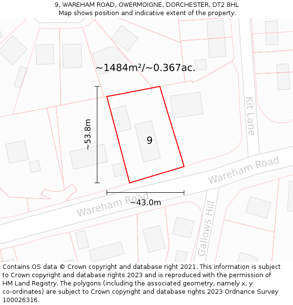 9, WAREHAM ROAD, OWERMOIGNE, DORCHESTER, DT2 8HL: Plot and title map