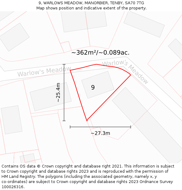 9, WARLOWS MEADOW, MANORBIER, TENBY, SA70 7TG: Plot and title map