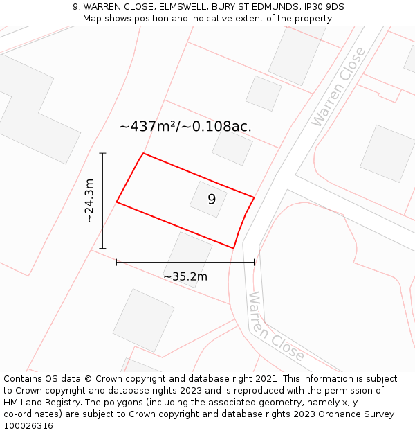 9, WARREN CLOSE, ELMSWELL, BURY ST EDMUNDS, IP30 9DS: Plot and title map
