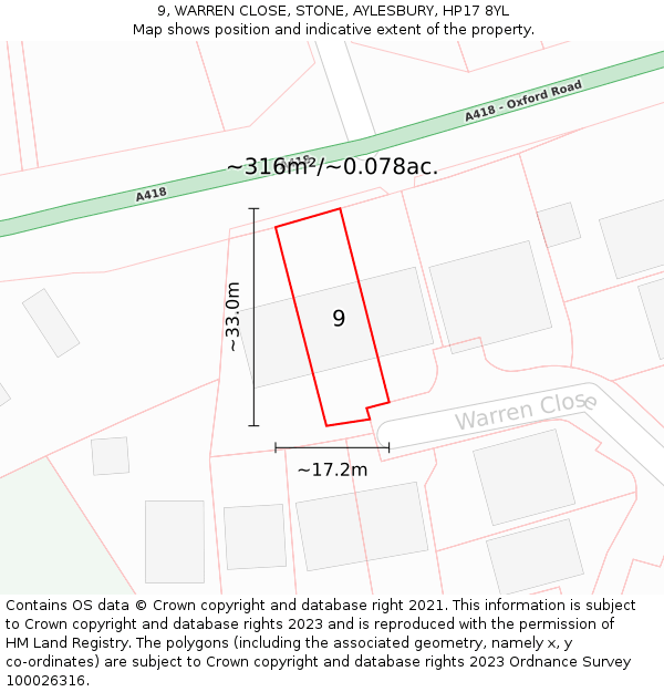 9, WARREN CLOSE, STONE, AYLESBURY, HP17 8YL: Plot and title map