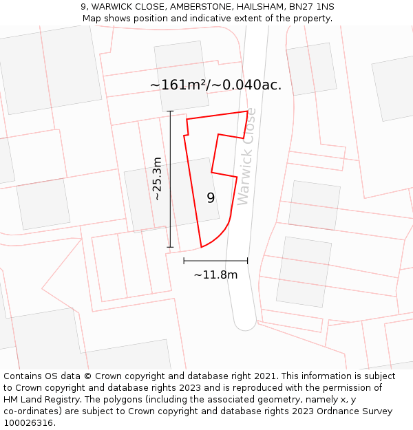 9, WARWICK CLOSE, AMBERSTONE, HAILSHAM, BN27 1NS: Plot and title map