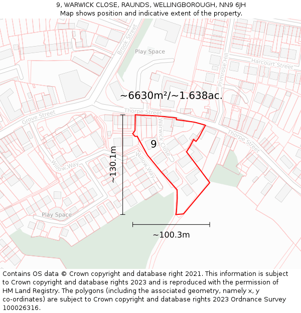 9, WARWICK CLOSE, RAUNDS, WELLINGBOROUGH, NN9 6JH: Plot and title map