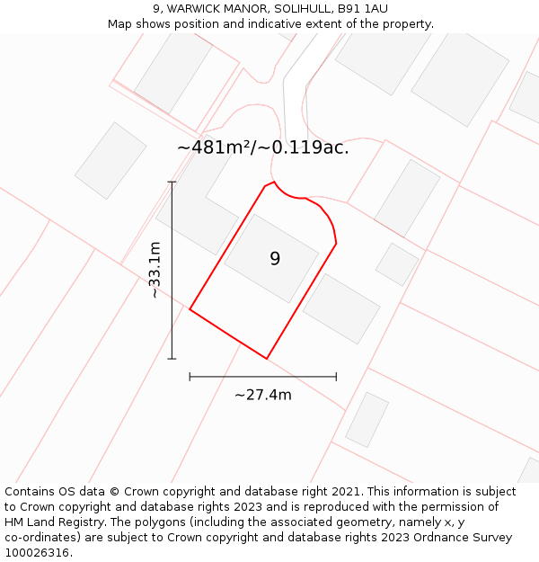 9, WARWICK MANOR, SOLIHULL, B91 1AU: Plot and title map
