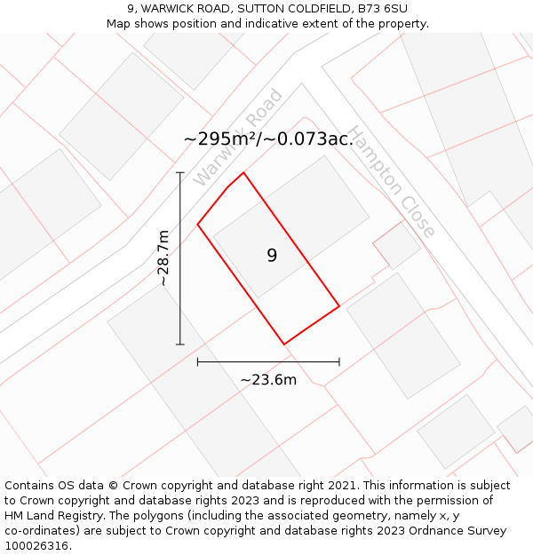 9, WARWICK ROAD, SUTTON COLDFIELD, B73 6SU: Plot and title map