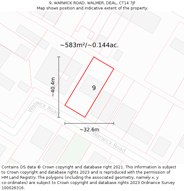 9, WARWICK ROAD, WALMER, DEAL, CT14 7JF: Plot and title map