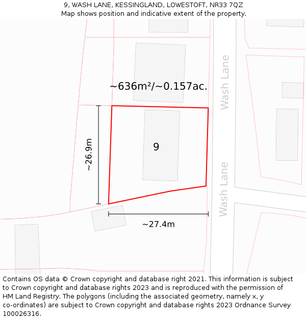 9, WASH LANE, KESSINGLAND, LOWESTOFT, NR33 7QZ: Plot and title map